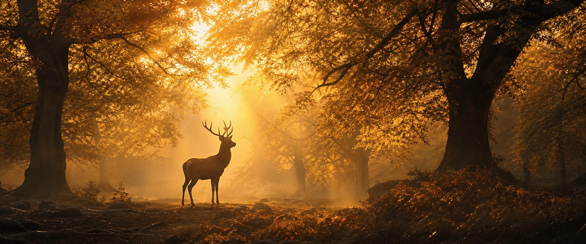 Cerf majestueux dans une forêt dorée baignée de lumière chaude et lumineuse